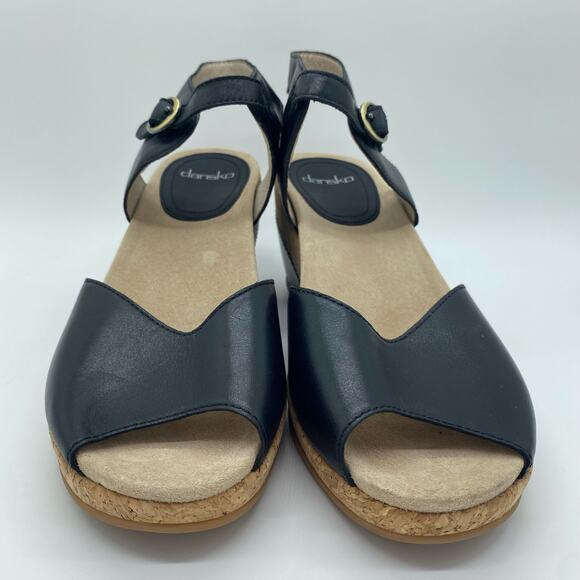 Dansko Black Leather Cork Peep-Toe Charlotte Wedge Sandals Women's size 41 / 10 - Picture 3 of 8